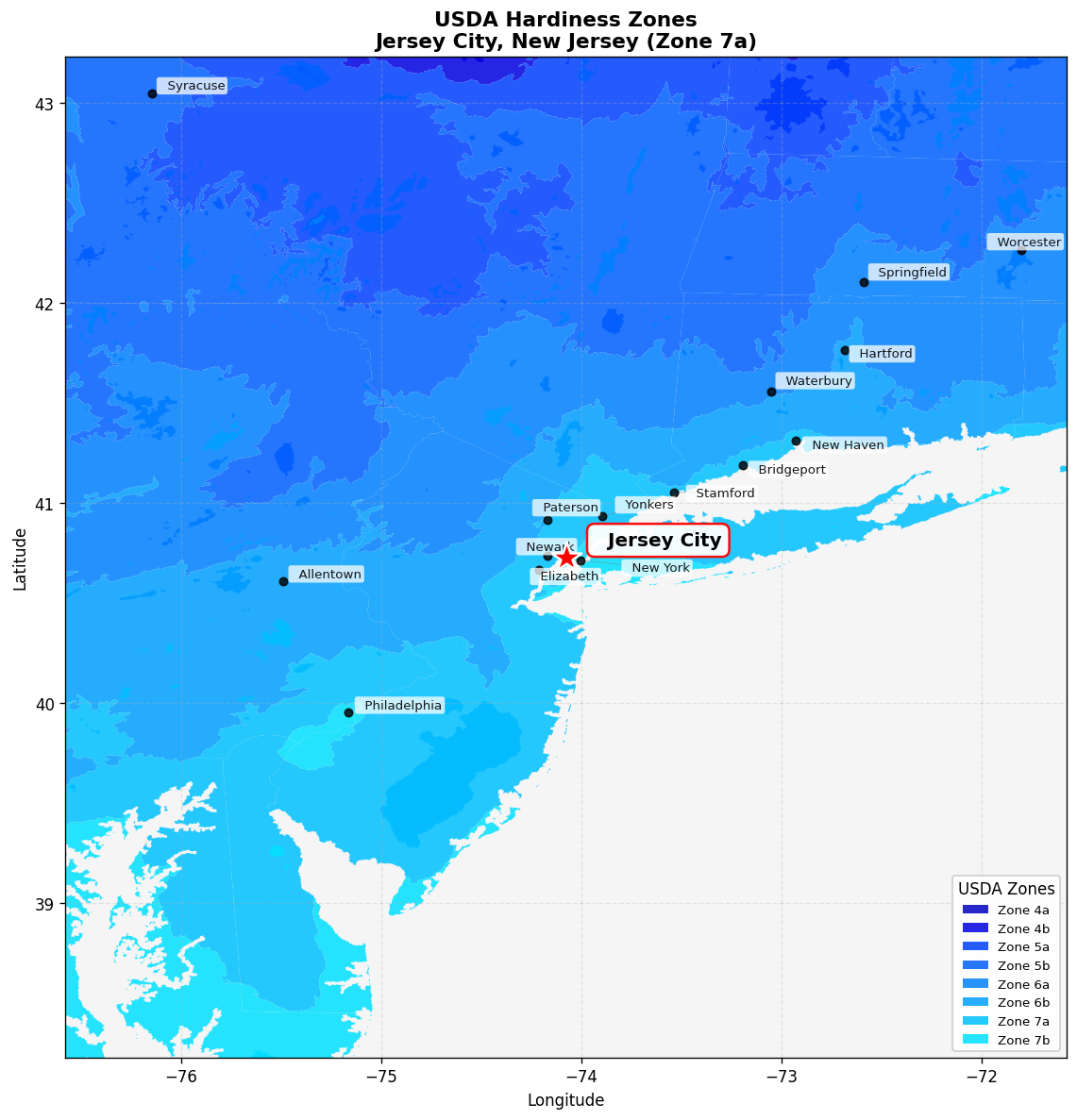 USDA Hardiness Zone 7a Map for Jersey City, NJ